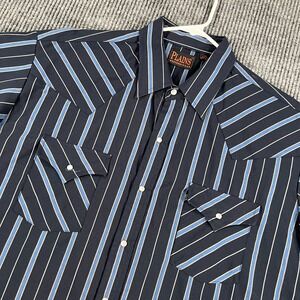 Plains Western Wear Shirt Mens XL Extra Large Blue Striped Short Sleeve Snap